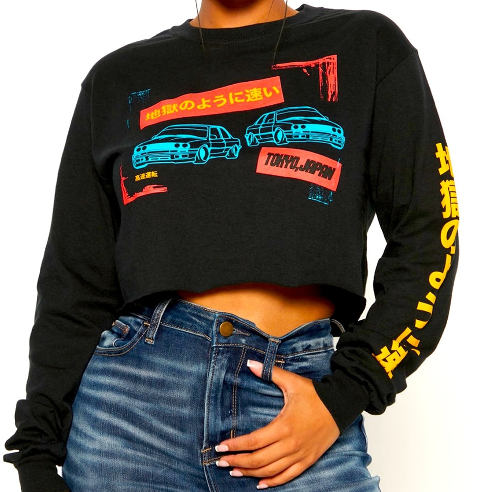 Race to Tokyo Long Sleeve Crop Top - Black